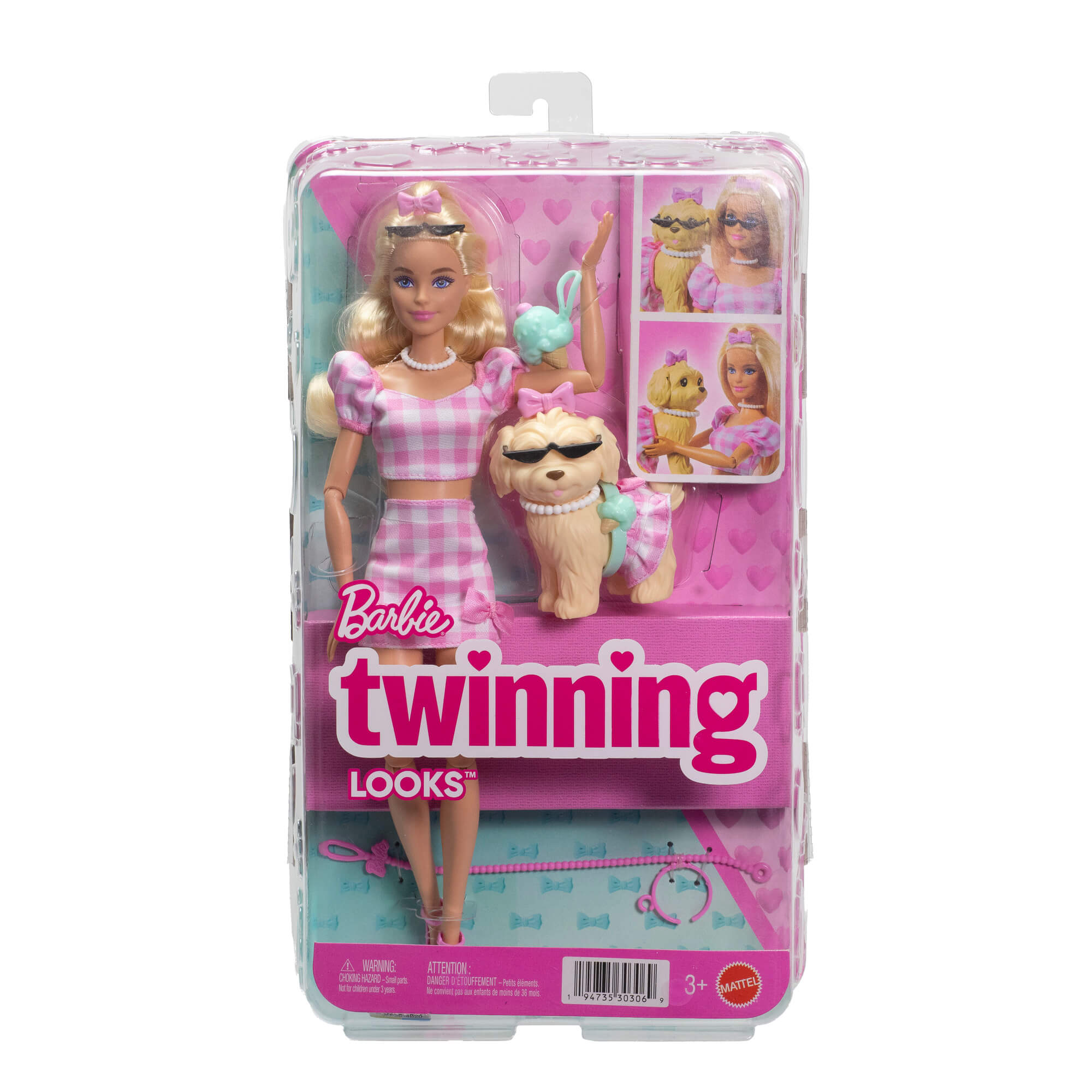 BARBIE TWINNING LOOKS šviesiaplaukės lėlės ir šunelio rinkinys (JFP36)